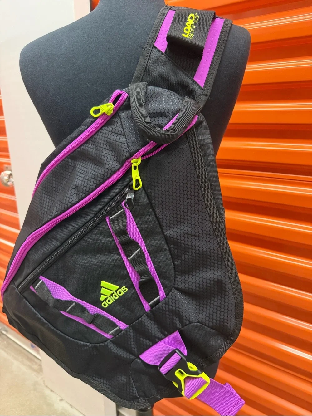 New adidas Black Sling Bag with Purple and Lime Accents